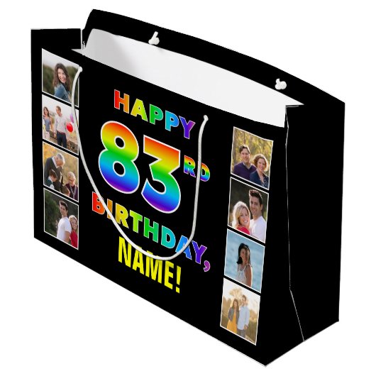 83. Geburtstag: Regenbogentext, benutzerdefinierte Große Geschenktüte (Rückseite Schrägansicht)