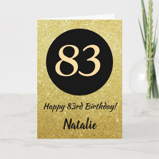 83. Happy Birthday Black and Gold Glitzer Card Karte (Vorderseite)