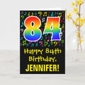 84. Geburtstag: Farbige Musiksymbole + Regenbogen  Karte (Gelbe Blume)