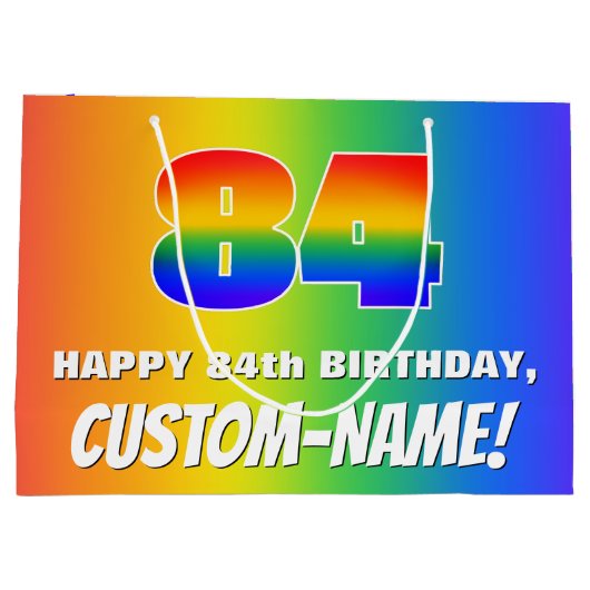 84. Geburtstag: Farbiges, lustiges Regenbogenmuste Große Geschenktüte (Rückseite)