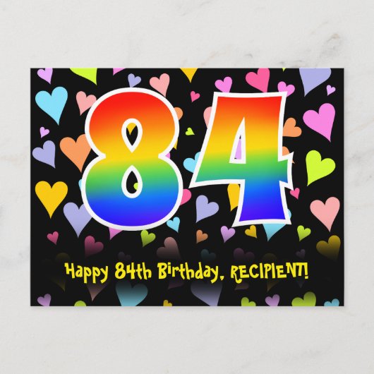 84. Geburtstag: Fun Hearts Muster, Regenbogen 84 Postkarte (Vorderseite)