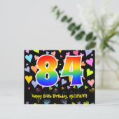 84. Geburtstag: Fun Hearts Muster, Regenbogen 84 Postkarte (Stehend Vorderseite)