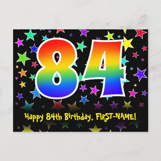84. Geburtstag: Fun Stars Muster, Regenbogen 84, N Postkarte (Vorderseite)
