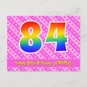 84. Geburtstag: Rosa Streifen & Herzen, Regenbogen Postkarte
