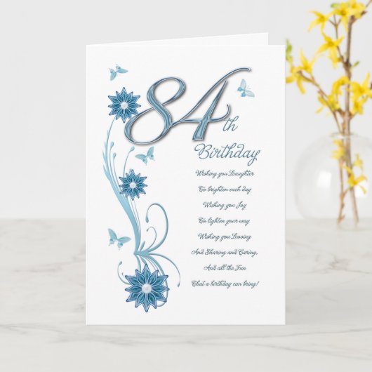 84th birthday in teal with flowers and butterfly karte (Gelbe Blume)