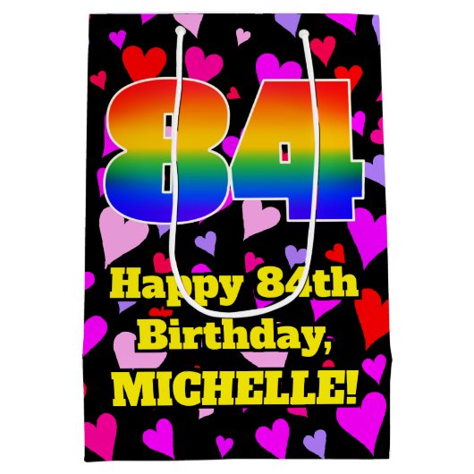 84th Birthday: Loving Hearts Pattern, Rainbow # 84 Mittlere Geschenktüte (Rückseite)