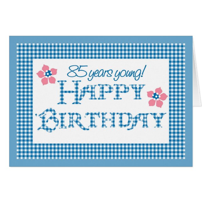 85. Geburtstag, Blue Karo Gingham Pattern (Vorderseite (Horizontal))