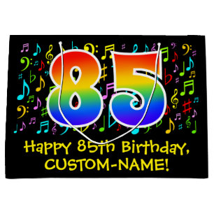 85. Geburtstag - Farbige Musiksymbole, Regenbogen  Große Geschenktüte