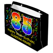 85. Geburtstag - Farbige Musiksymbole, Regenbogen Große Geschenktüte (Rückseite Schrägansicht)