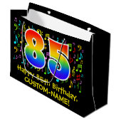 85. Geburtstag - Farbige Musiksymbole, Regenbogen Große Geschenktüte (Vorderseite Schrägansicht)