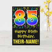 85. Geburtstag: Farbige Musiksymbole + Regenbogen  Karte (Gelbe Blume)