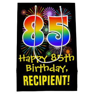 85. Geburtstag: Fun Fireworks Pattern + Rainbow 85 Mittlere Geschenktüte