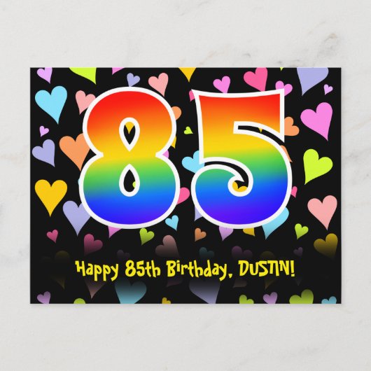 85. Geburtstag: Fun Hearts Muster, Regenbogen 85 Postkarte (Vorderseite)