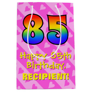 85. Geburtstag: Fun Pink Hearts Streifen; Regenbog Mittlere Geschenktüte