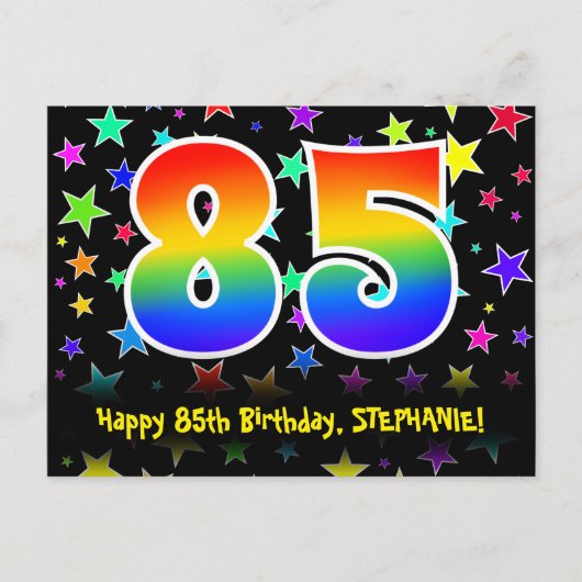 85. Geburtstag: Fun Stars Muster, Regenbogen 85, N Postkarte (Vorderseite)