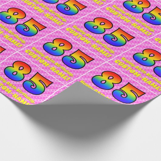 85. Geburtstag: Rosa Streifen & Herz, Regenbogen # Geschenkpapier (Ecke)