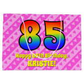 85. Geburtstag: Rosa Streifen & Herz, Regenbogen # Große Geschenktüte (Rückseite)