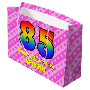 85. Geburtstag: Rosa Streifen & Herz, Regenbogen # Große Geschenktüte