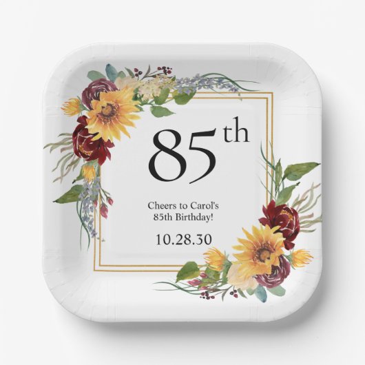 85. Geburtstag Sonnenblumen Pappteller (Vorderseite)