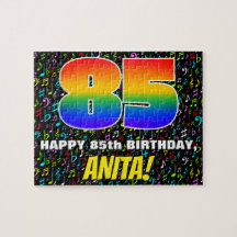 85. Geburtstag — Spaß, bunte Musiksymbole & "85"