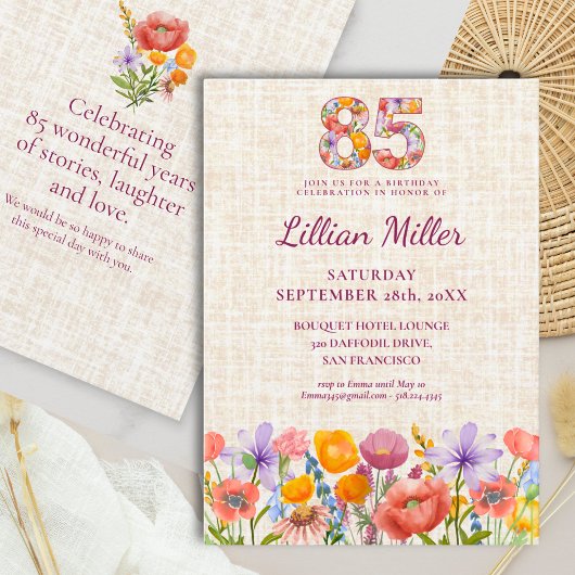 85. Geburtstag Wildflower-Design - Blumenziffer Einladung