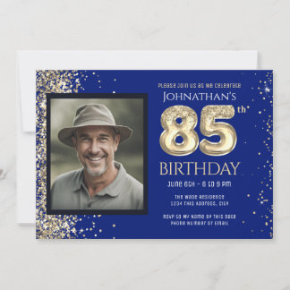 85. Geburtstagsfeier Gold Glitter Blau Foto-Einlad Einladung