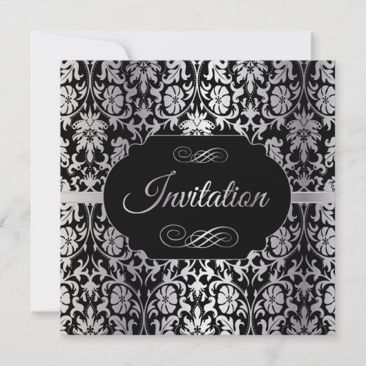 85. Geburtstagsparty | Silver & Black Damask Einladung (Vorderseite)
