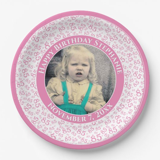 85 Ihr Foto Random Number Pattern Rosa/Weiß Pappteller (Vorderseite)