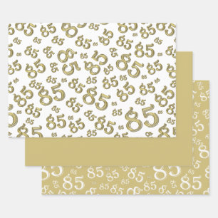 85. Meilenstein Geburtstag Gold/Weiße Zahlenmuster Geschenkpapier Set