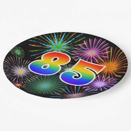 85. Veranstaltung - Spaß, farbig, kühl, Regenbogen Pappteller (Schrägansicht)