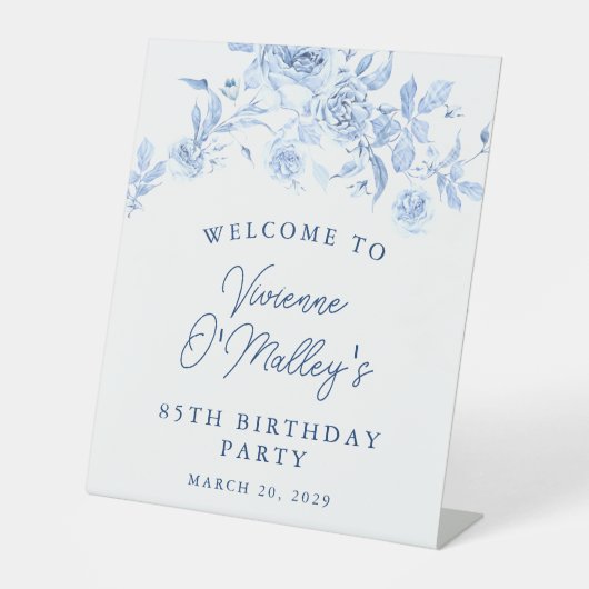 85th Birthday Party Blue Rose Floral Welcome Sockelschild (Vorderseite)