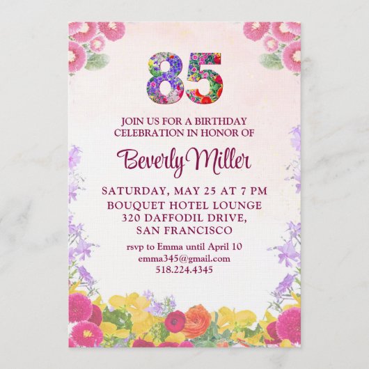 85th Birthday Party - Blush Bloom Floral 85 Einladung (Vorderseite)