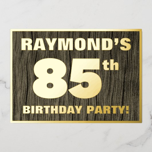 85th Birthday Party: Bold, Faux Wood Grain Pattern Folieneinladung (Vorderseite)