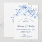 85th Birthday Party Dusty Blue Floral Einladung (Vorne/Hinten)