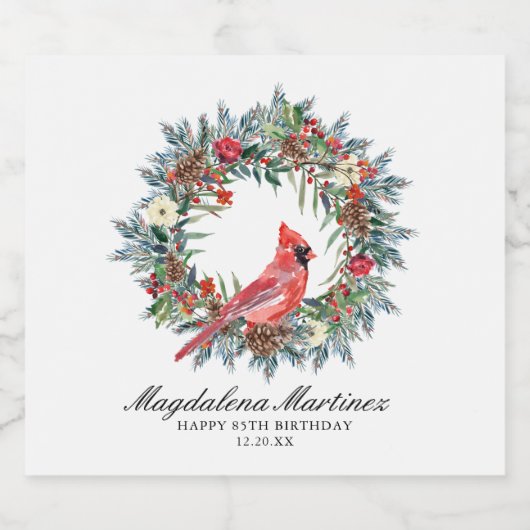 85th Birthday Party Red Cardinal Wreath Custom Schaumweinetikett (Einzelnes Label)