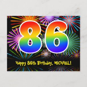 86. Geburtstag - Fun Fireworks Pattern + Rainbow 8 Postkarte