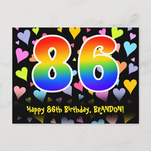 86. Geburtstag: Fun Hearts Muster, Regenbogen 86 Postkarte (Vorderseite)