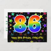 86. Geburtstag: Fun Stars Pattern, Regenbogen 86,  Postkarte (Vorne/Hinten)