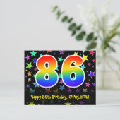 86. Geburtstag: Fun Stars Pattern, Regenbogen 86,  Postkarte (Stehend Vorderseite)