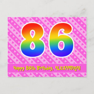 86. Geburtstag: Rosa Streifen & Herzen, Regenbogen Postkarte
