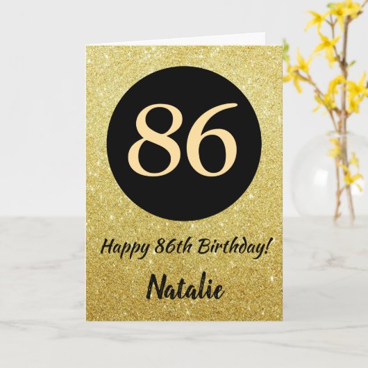 86. Happy Birthday Black and Gold Glitzer Card Karte (Gelbe Blume)