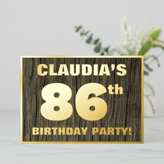 86th Birthday Party: Bold, Faux Wood Grain Pattern Folieneinladung (Stehend vorne)