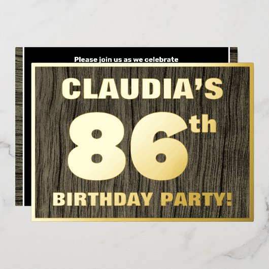 86th Birthday Party: Bold, Faux Wood Grain Pattern Folieneinladung (Vorderseite/Rückseite)