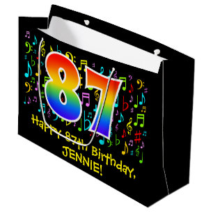 87. Geburtstag - Farbige Musiksymbole, Regenbogen Große Geschenktüte