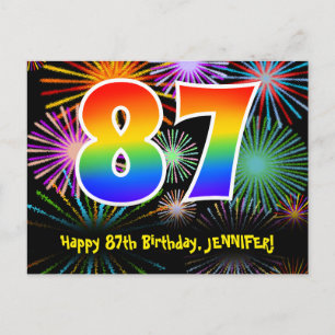 87. Geburtstag - Fun Fireworks Pattern + Rainbow 8 Postkarte