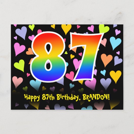 87. Geburtstag: Fun Hearts Muster, Regenbogen 87 Postkarte (Vorderseite)