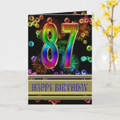 87. Geburtstag mit Regenbogenblasen und Feuerwerk Karte (Gelbe Blume)