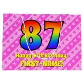 87. Geburtstag: Rosa Streifen & Herz, Regenbogen # Große Geschenktüte (Rückseite)