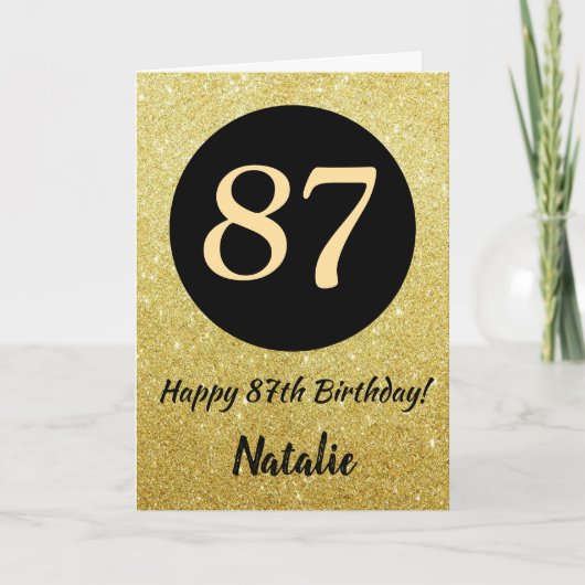 87. Happy Birthday Black and Gold Glitzer Card Karte (Vorderseite)