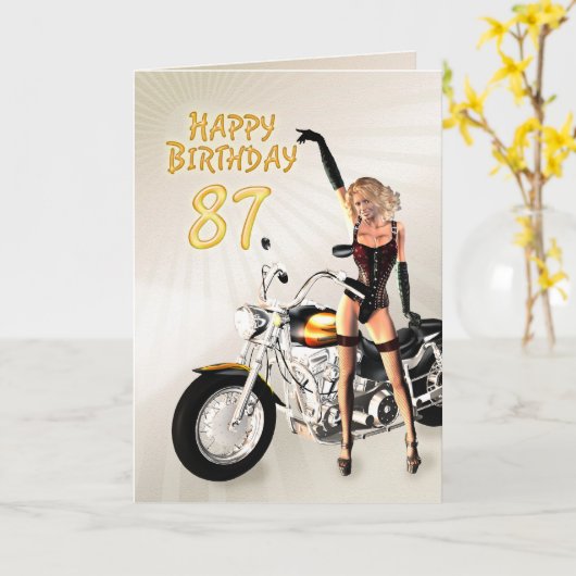 87th Birthday card with a motorbike girl Karte (Gelbe Blume)